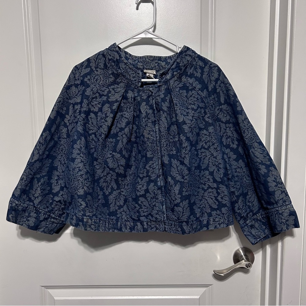 Venezia Vintage Denim Blue & Gold Ruffled Snap Front Long Sleeve Jacket